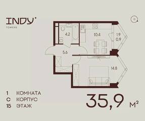 ЖК «Indy Towers», планировка 1-комнатной квартиры, 35.90 м²