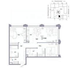 ЖК «Страна.Озерная», планировка 3-комнатной квартиры, 70.80 м²