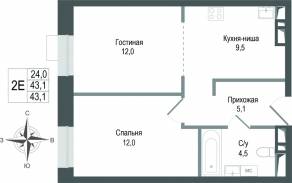 ЖК «Киноквартал», планировка 2-комнатной квартиры, 43.10 м²