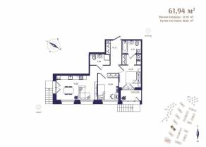 ЖК «Ranta Residence», планировка 2-комнатной квартиры, 61.94 м²