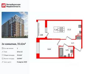 ЖК «Астра Континенталь», планировка 1-комнатной квартиры, 35.62 м²