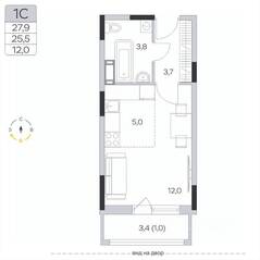 ЖК «Пироговская Ривьера», планировка студии, 25.50 м²