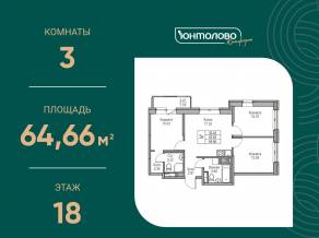 ЖК «Юнтолово», планировка 3-комнатной квартиры, 64.66 м²