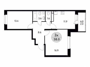 ЖК «Солнечная долина» (Щелково), планировка 2-комнатной квартиры, 58.00 м²