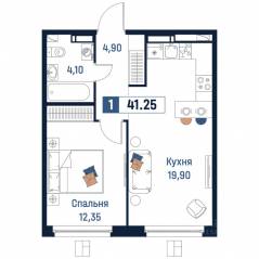 ЖК «Максималист», планировка 1-комнатной квартиры, 41.25 м²