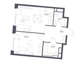 ЖК «Квартал на воде», планировка 1-комнатной квартиры, 44.72 м²