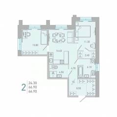 ЖК «Lovo», планировка 2-комнатной квартиры, 66.90 м²