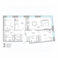 ЖК «Министр», планировка 3-комнатной квартиры, 93.11 м²