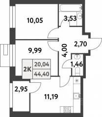 ЖК «Smart Garden», планировка 2-комнатной квартиры, 44.40 м²