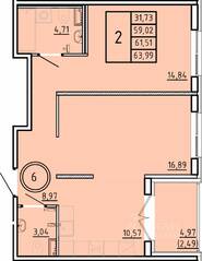 МЖК «Образцовый квартал 16», планировка 2-комнатной квартиры, 59.02 м²