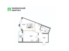 ЖК «Приморский квартал», планировка 1-комнатной квартиры, 49.94 м²