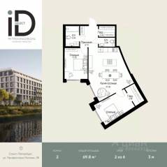 ЖК «ID Petrogradskaya», планировка 2-комнатной квартиры, 69.80 м²