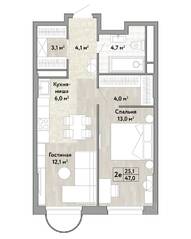ЖК «Новые смыслы», планировка 2-комнатной квартиры, 47.00 м²