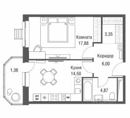 ЖК «Одинбург», планировка 1-комнатной квартиры, 47.96 м²