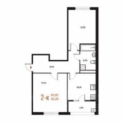 ЖК «Новое Летово», планировка 2-комнатной квартиры, 58.20 м²