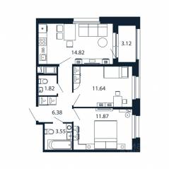 ЖК «Полис Новоселье», планировка 2-комнатной квартиры, 51.64 м²
