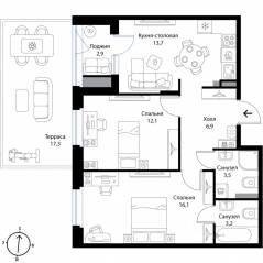 МЖК «Экография», планировка 2-комнатной квартиры, 62.20 м²