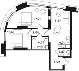 ЖК «Solos», планировка 2-комнатной квартиры, 62.32 м²