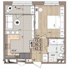ЖК «Гранд Комфорт», планировка 1-комнатной квартиры, 42.70 м²