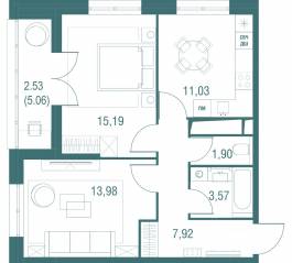 ЖК «Одинбург», планировка 2-комнатной квартиры, 56.12 м²