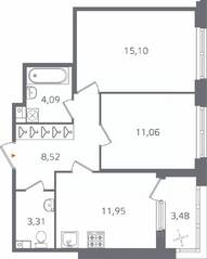 ЖК «Б15», планировка 2-комнатной квартиры, 55.77 м²