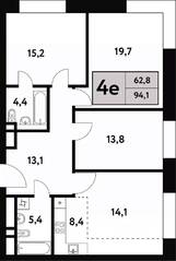 ЖК «Фестиваль парк-2», планировка 4-комнатной квартиры, 94.10 м²