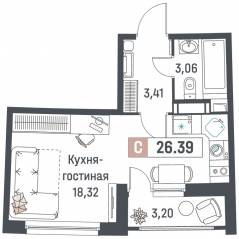 ЖК «Авиатор» (Девяткино), планировка студии, 26.39 м²