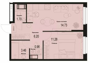 ЖК «ID Murino III», планировка 1-комнатной квартиры, 38.33 м²