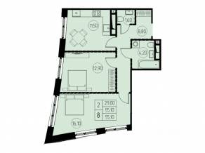 ЖК «7 небо», планировка 2-комнатной квартиры, 55.10 м²