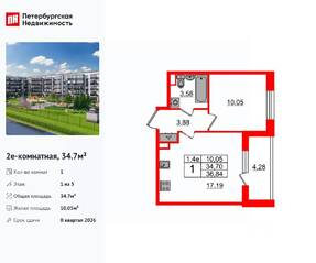 ЖК «Парадный ансамбль», планировка 1-комнатной квартиры, 34.70 м²