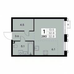 ЖК «Куркино 15», планировка 1-комнатной квартиры, 32.80 м²