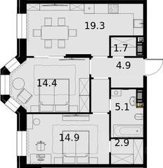 ЖК «Театральный квартал», планировка 2-комнатной квартиры, 65.90 м²