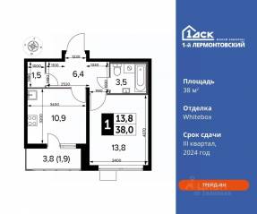 ЖК «1-й Лермонтовский», планировка 1-комнатной квартиры, 38.00 м²