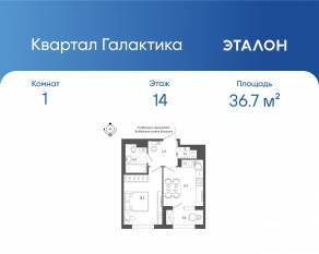 ЖК «Квартал Галактика», планировка 1-комнатной квартиры, 36.70 м²