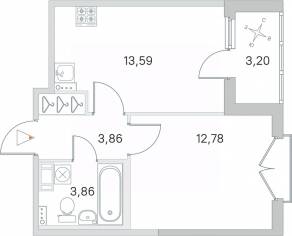 МЖК «Любоград», планировка 1-комнатной квартиры, 35.69 м²