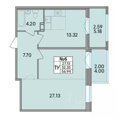 ЖК «Рождественский квартал», планировка 1-комнатной квартиры, 56.94 м²