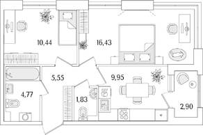 ЖК «Гранат», планировка 2-комнатной квартиры, 50.42 м²