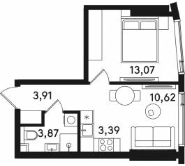 ЖК «Solos», планировка 1-комнатной квартиры, 34.86 м²