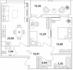 ЖК «Cube», планировка 2-комнатной квартиры, 74.70 м²