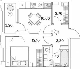 ЖК «Тайм Сквер», планировка 1-комнатной квартиры, 34.00 м²