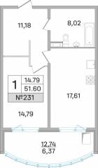 ЖК «Дом-Мегалит в Королёве», планировка 1-комнатной квартиры, 51.50 м²