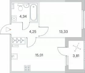 МЖК «Любоград», планировка 1-комнатной квартиры, 38.84 м²