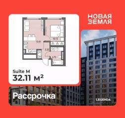 ЖК «Новая земля», планировка 1-комнатной квартиры, 32.11 м²