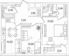 ЖК «Лайнеръ», планировка 2-комнатной квартиры, 63.87 м²