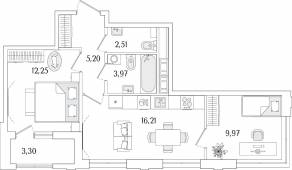 ЖК «Гранат», планировка 2-комнатной квартиры, 51.76 м²
