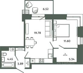 ЖК «Загляденье», планировка 1-комнатной квартиры, 45.06 м²