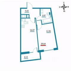 ЖК «Левитан», планировка 1-комнатной квартиры, 39.64 м²
