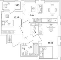 ЖК «Гранат», планировка 2-комнатной квартиры, 54.72 м²