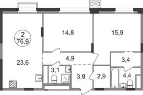 ЖК «Резиденции Сколково», планировка 2-комнатной квартиры, 76.90 м²