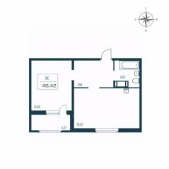 ЖК «Расцветай в Янино», планировка 1-комнатной квартиры, 48.00 м²